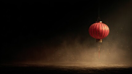 Traditional Red Lantern Hanging in Dark Space with Soft Lighting