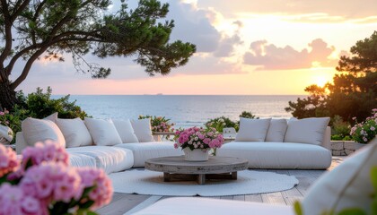 Obraz premium Luxury outdoor lounge with white sofas and floral accents overlooking the ocean at sunset, creating a serene coastal terrace ideal for relaxation and elegant living.