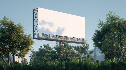Empty Billboard Surrounded by Lush Green Trees in Urban Setting