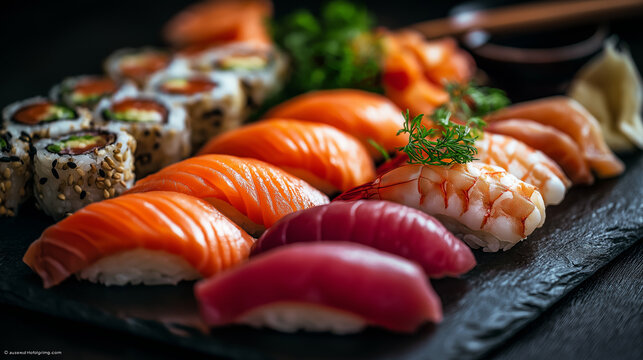 Japanese sushi platter featuring salmon sashimi, tuna nigiri, prawn maki rolls, arranged on dark slate stone - Powered by Adobe