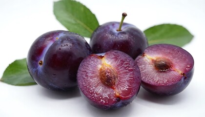 Fototapeta premium Fresh ripe plums with leaves on white background