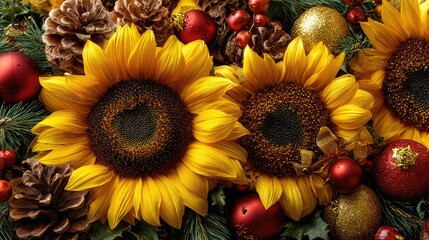 Bright Sunflowers with Festive Decorations and Holiday Accents