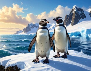 Two Penguins on Ice at Sunrise.