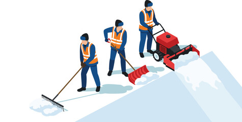 Isometric snow removal workers clearing sidewalks with shovels and snow blower, winter maintenance illustration for municipal services concept