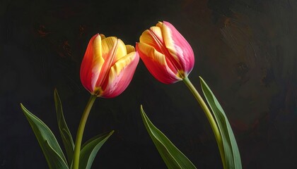 Two Tulips Close Up Against Dark Background.