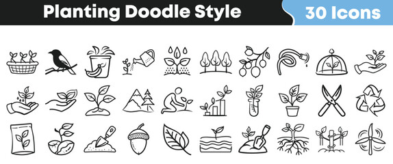 Collection of thirty hand drawn black and white doodle style icons representing various aspects of planting gardening ecology and sustainable growth concepts on transparent background © Vectoravec