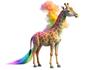 A colorful giraffe with a rainbow tail standing on a white background