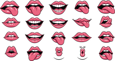 Pop art lips and mouth expressions set with tongues, smiles, comic style vector illustration collection for branding stickers