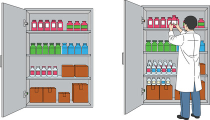 Laboratory technician organizing medicine bottles in pharmaceutical storage cabinet, illustrating healthcare inventory management and medical safety procedures standards