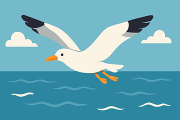 Pixel Art Seagull Flying Over Blue Ocean Water with Fluffy Clouds in a Clear Sky Daytime Scene