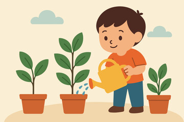 Young Boy Watering Three Potted Plants With Green Leaves In A Soft Yellow Background With Clouds In The Sky