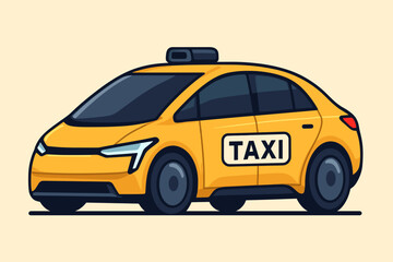 Yellow Electric Taxi Sedan With Black Windows And Taxi Sign Illuminated Against A Light Orange Background