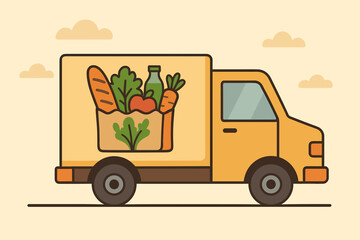 Yellow Delivery Truck Filled With Groceries Bread Vegetables And Fruits On A Light Yellow Background With Clouds And A Road Below