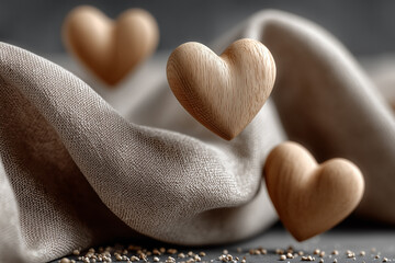 Wooden heart-shaped decorative objects arranged on linen fabric