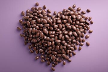 Chocolate coated almonds arranged in heart shape on purple background