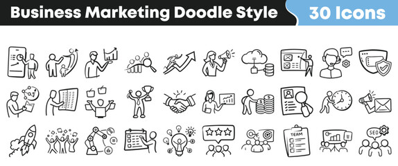 Collection of thirty hand drawn business marketing doodle style icons representing strategy finance growth teamwork and digital communication concepts on transparent background