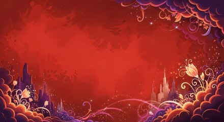 A vibrant, colorful, fantasy-themed background with a red and orange color scheme, featuring intricate floral and castle designs, and a mix of dark and light shades.