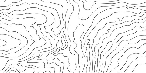Topo lines on a geographic map. Black outline contours of mountains. Simple topography pattern. Horizontal backdrop for designs. Vector illustration isolated on a white background.