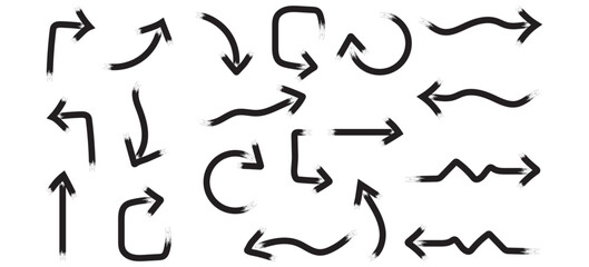 Bold Black Arrow Vector Icons Set. Halftone arrow symbol vector illustration. Various bold brush drawn curved arrows.  Set of rising arrows. 