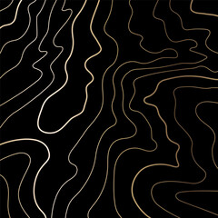 Golden topographic lines flow across mountain peaks, creating luxurious abstract art with Japanese-inspired contours and elegant vector design on black background. Square pattern.