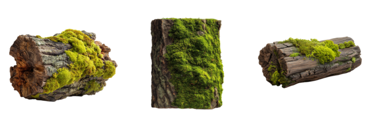 Three pieces of weathered wood covered in vibrant green moss isolated on a transparent background bark