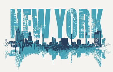 Vector banner with New York lettering, Statue of Liberty, cityscape and skyscrapers. USA illustration in grunge style. T-shirt design, tourist signboard, tourist postcard. Not AI.