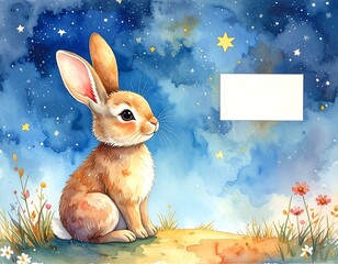 A watercolor rabbit sits against a dreamy blue starlit sky with a blank white box and wildflowers