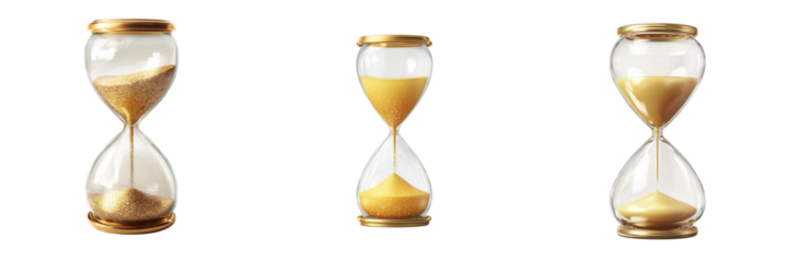 Three glass hourglasses with golden sand flowing through them isolated on a transparent background time