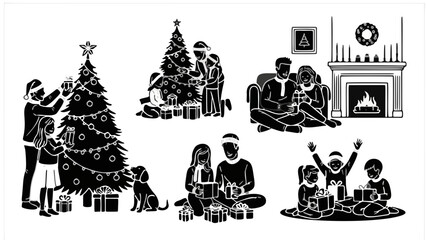 Cozy Family Christmas Lifestyle Silhouette Vector Scenes