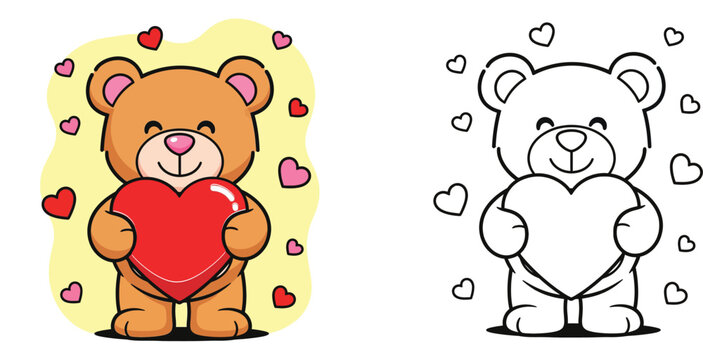 Cute cartoon teddy bear holding a big red heart vector illustration with black and white outline coloring page suitable for Valentine's Day design and kids activity