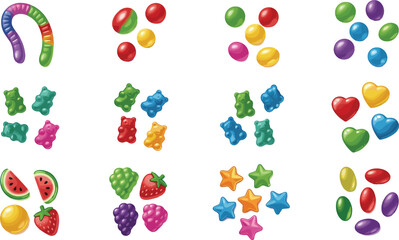 Colorful Candy and Gummy Sweets Vector Illustration Set Featuring Jelly Beans, Gummy Bears, Hearts, Stars, and Fruit Shaped Treats for Kids Designs and Game Assets