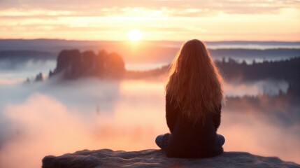 Woman watches sunrise from rocky viewpoint over misty landscape