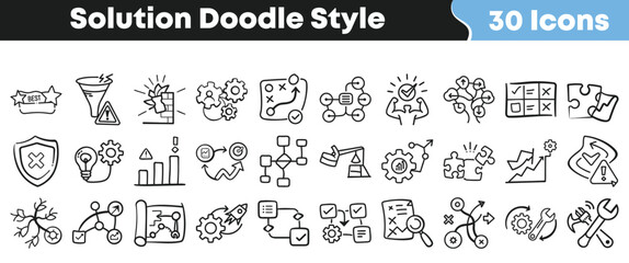 Collection of thirty unique hand drawn doodle style icons representing business solutions strategy planning problem solving and success concepts on transparent background