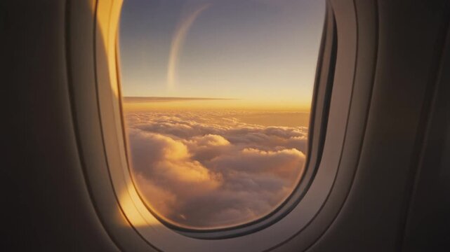 Aerial view of a jet airplane wing flying high above the blue horizon and soft white clouds seen through a window during travel