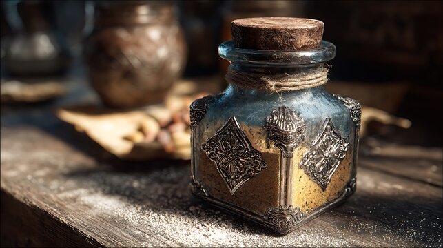 Ornate glass potion bottle with cork stopper on a dusty surface