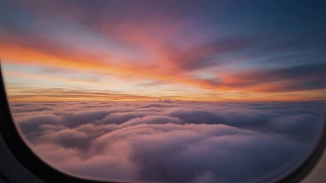A vibrant orange sunset from plane window glows over a bright cloudscape and blue morning air above the city landscape