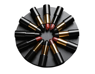 Sleek black lipstick collection on a dark backdrop