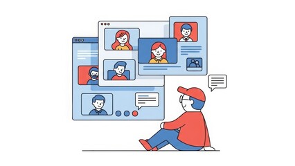 A person engaging in multiple virtual meetings and online communication through various screens