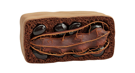 Close up tropical tamarind fruit pod cross section intricate fibrous inner structure dark glossy seeds botanical organic