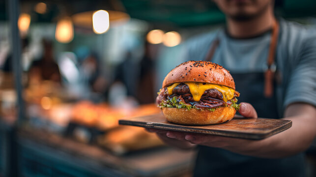 Chef's Hand Serving a Gourmet Cheeseburger with Bacon on a Wooden Board