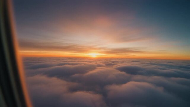 A peaceful plane window sunset above soft white clouds in a blue sky