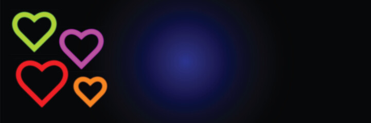 Glowing neon hearts vector banner. Colorful love background with space