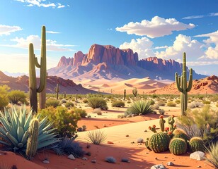 Arid desert landscape with tall cacti, sparse vegetation, and distant mountain range under a bright, sunny sky