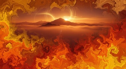 A surreal, fiery landscape with a mountain in the distance and a glowing sun in the sky.