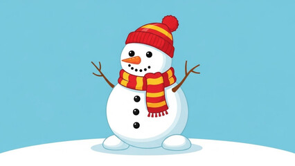 A cheerful cartoon snowman wearing a red hat and scarf on a snowy hill with a blue background in a fun winter scene