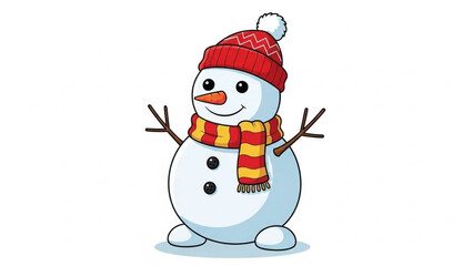 A cheerful cartoon snowman wearing a red hat and colorful scarf on a with a friendly smile and outstretched arms
