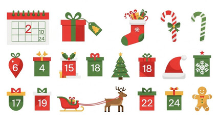 Christmas icons set including calendar, gifts, stocking, tree, sleigh, reindeer, candy cane and gingerbread man
