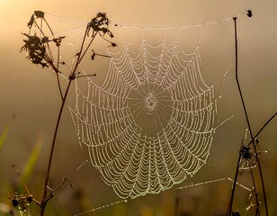 Dew-covered spiderweb glistens between plants, illuminated by soft light, early morning scene