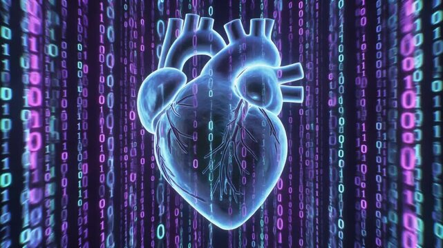 Abstract blue binary code background featuring a glowing 3d holographic hearts of electric energy and science technology design