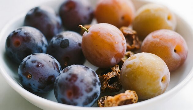 Bowl of fresh ripe plums and pluots with natural light